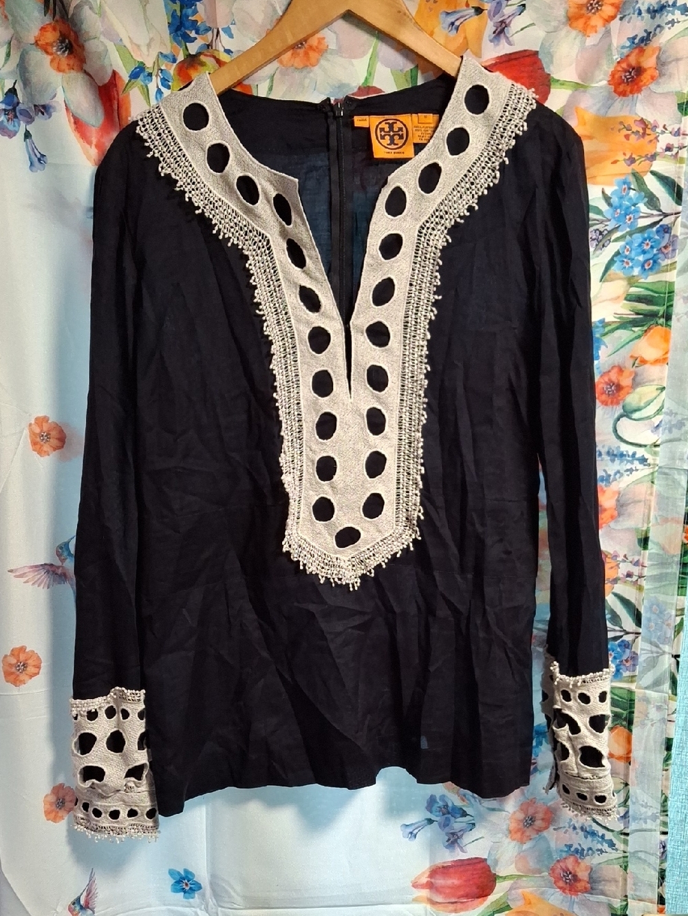 Tory Burch Black Long-Sleeve Embroidered V-Neck Blouse